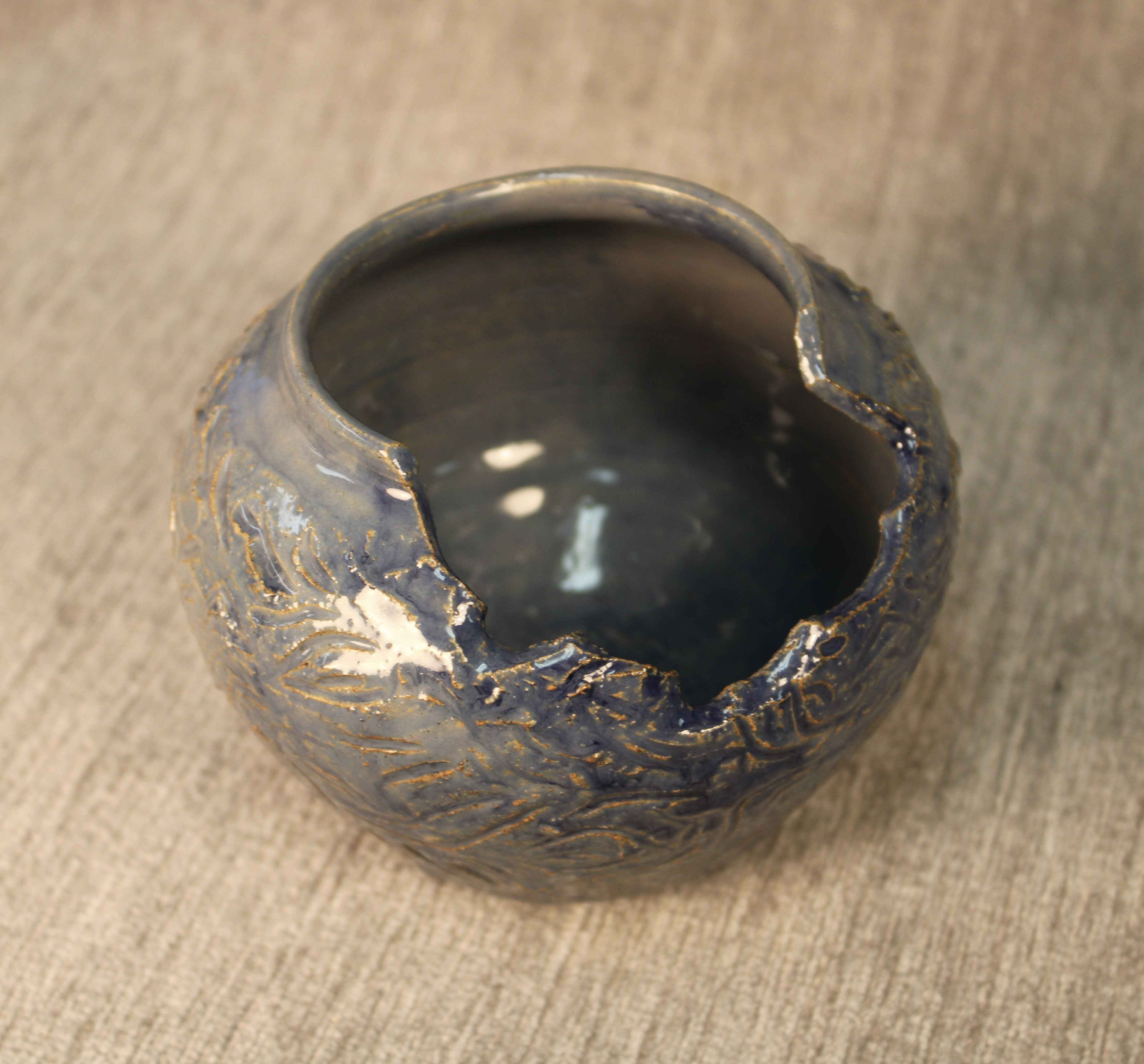 Blue Ceramic Slip Decorated Broken Jar