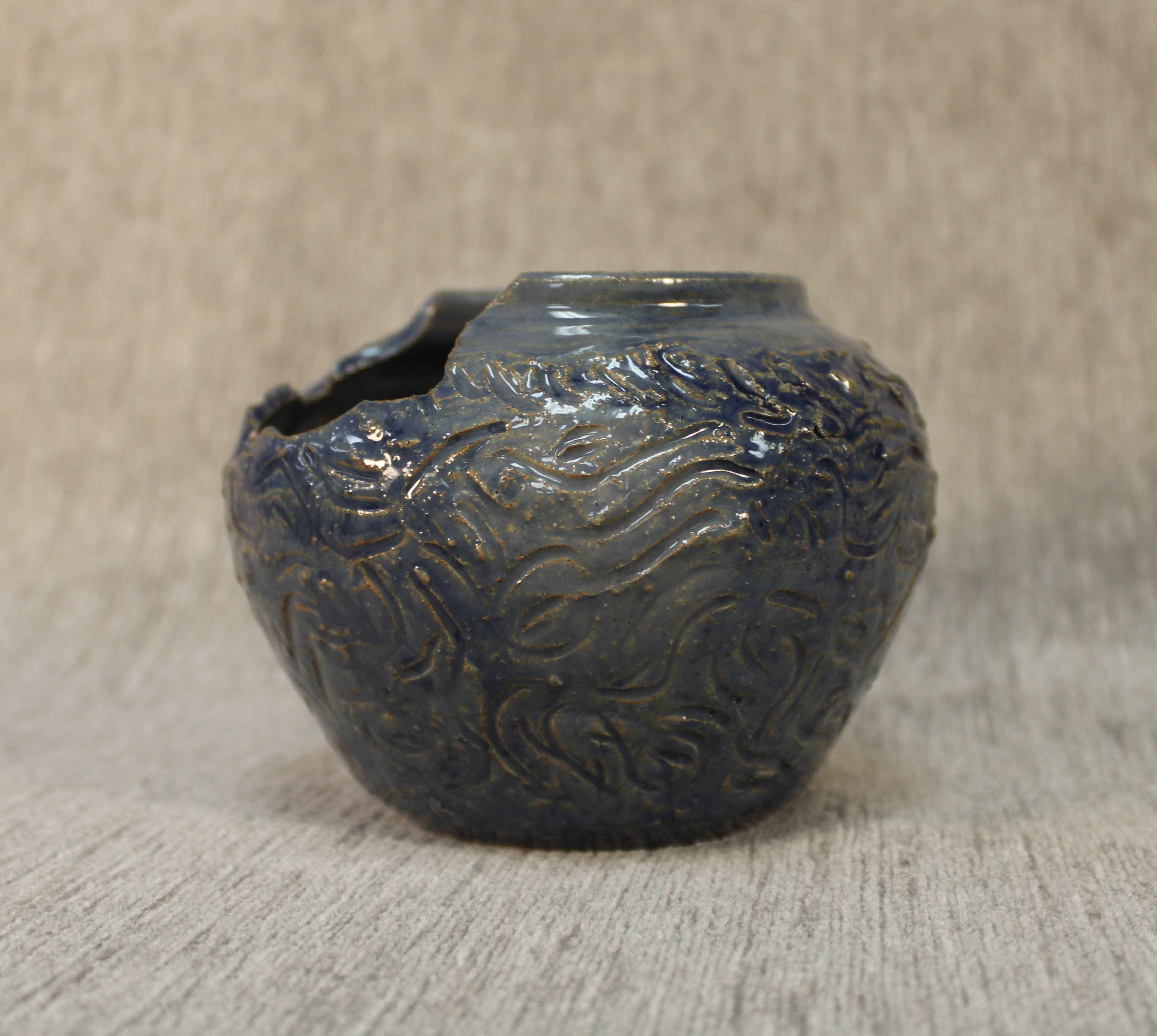 Blue Ceramic Slip Decorated Broken Jar