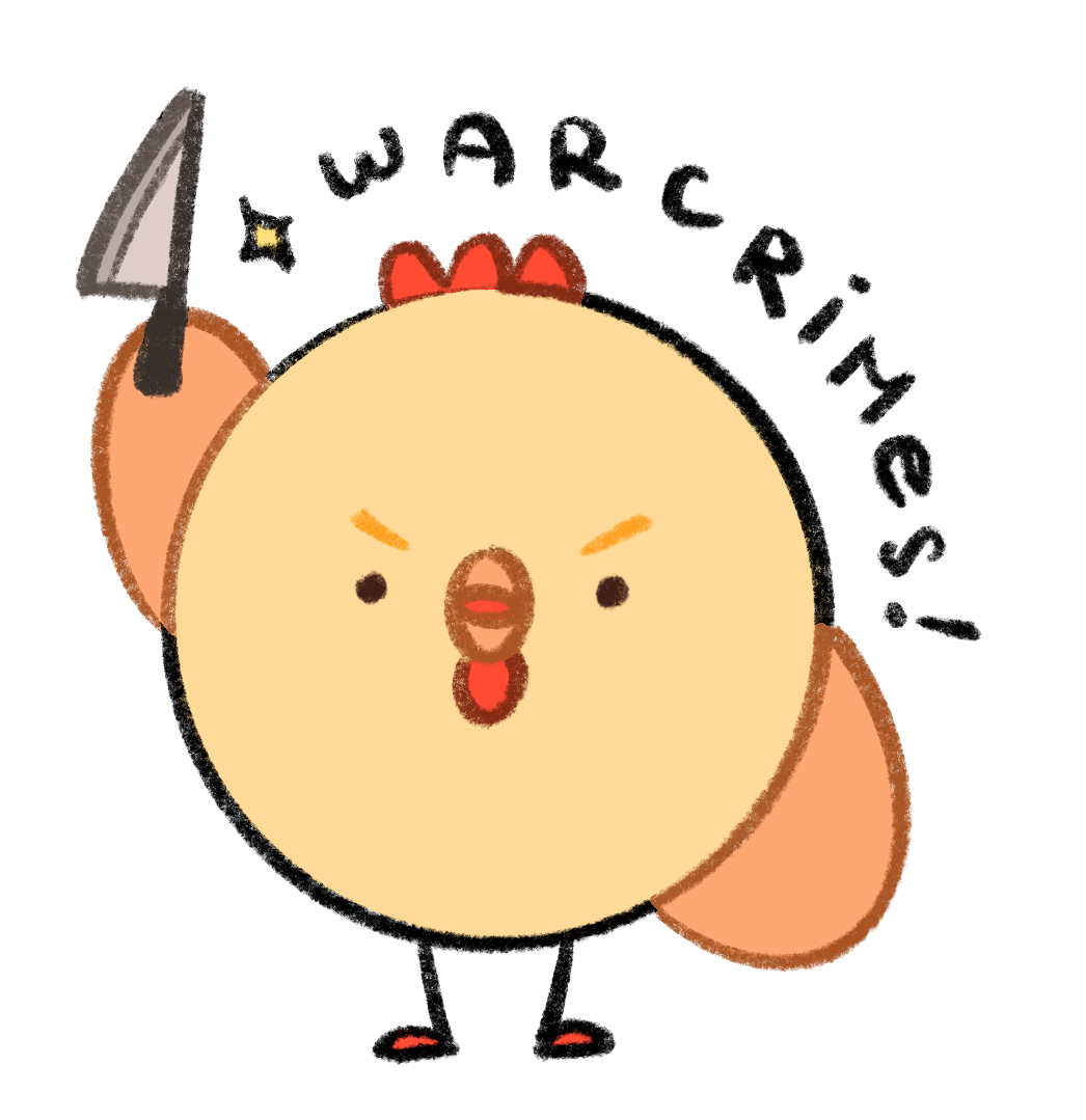 Bok Choy holding a knife with the text war crimes