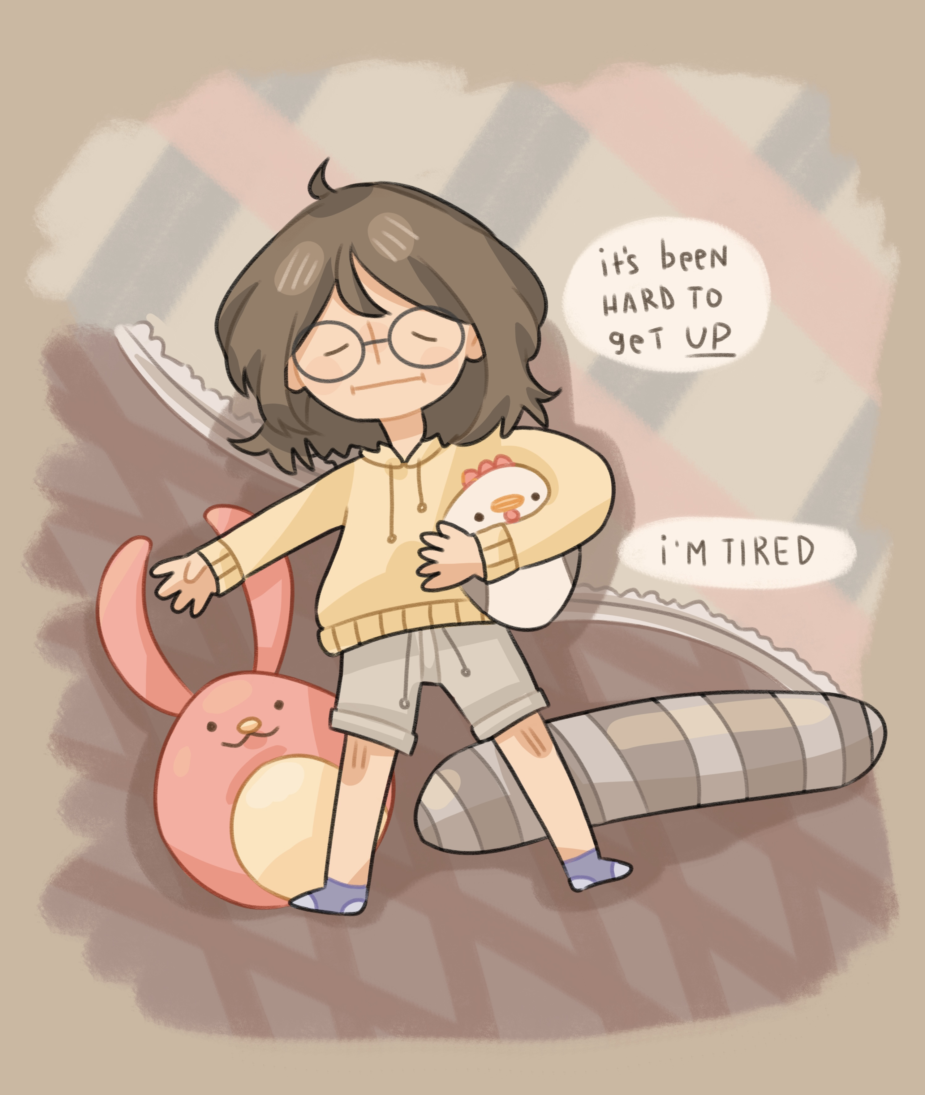 Me laying on my bed with the text, It's been hard to get up, I'm tired