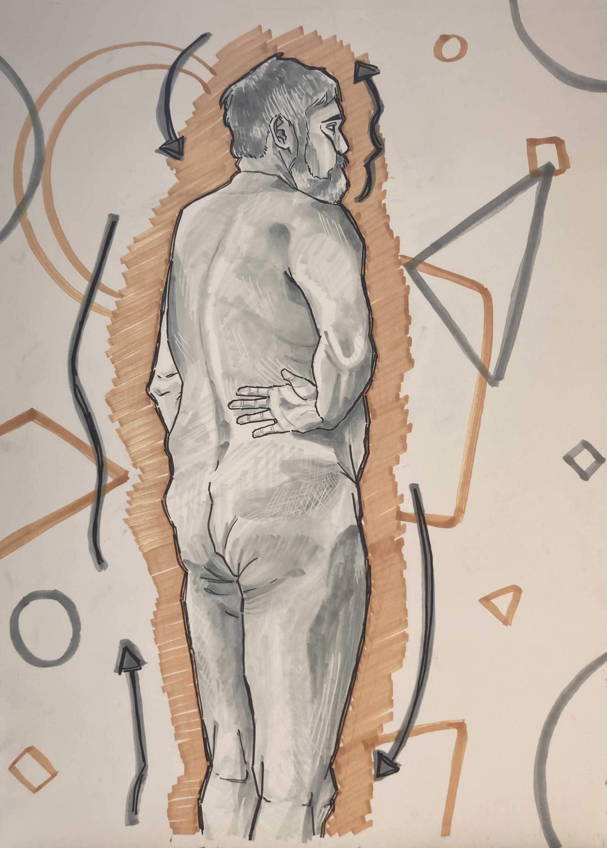 Nude Male Figure from the back with markers