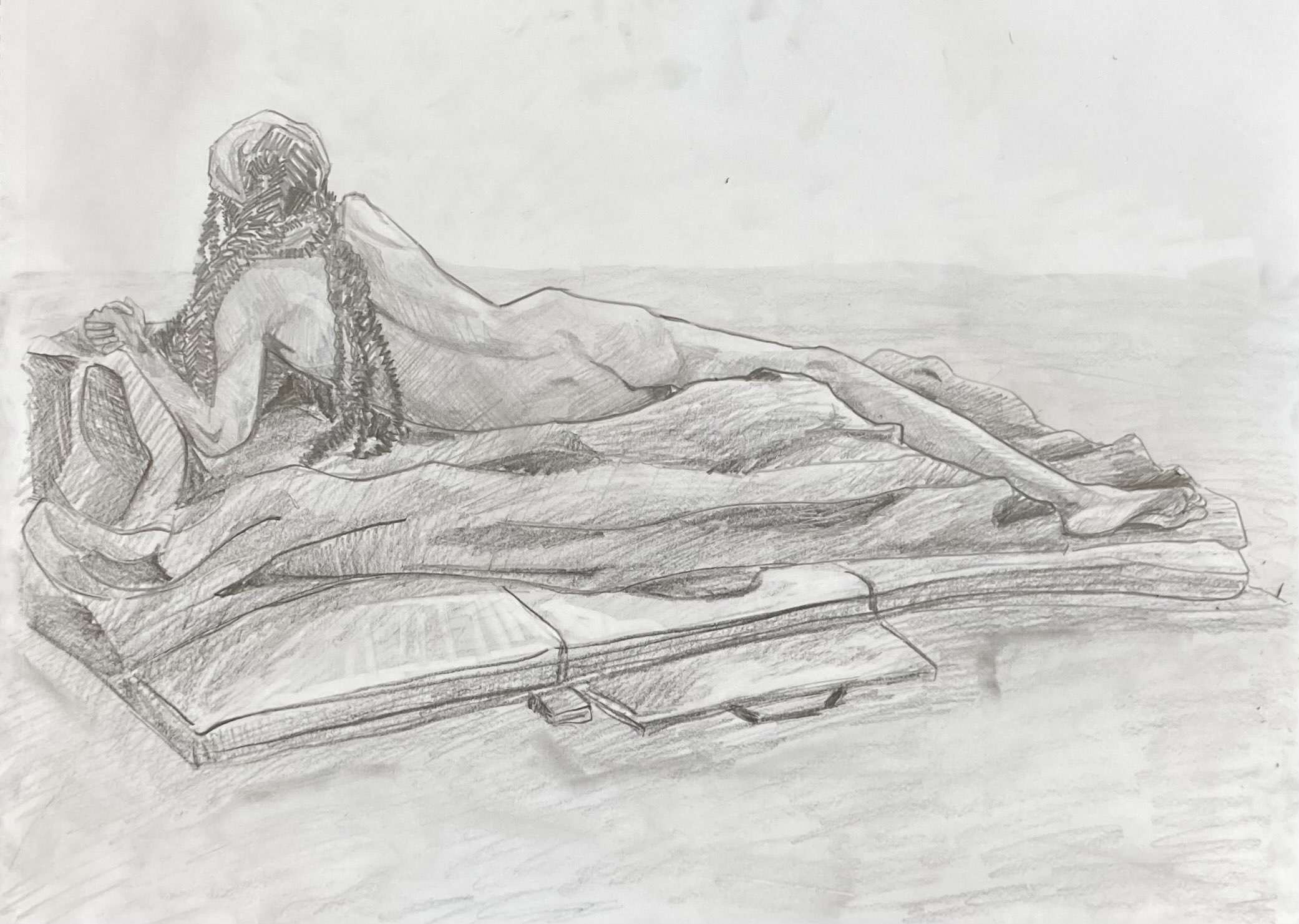 Nude Male Figure Laying from the back with graphite