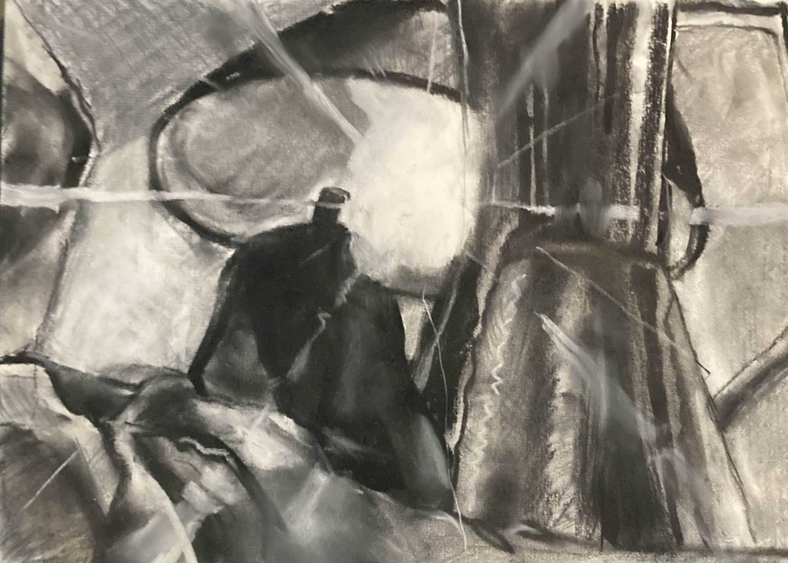 Still life of a lamp, pear, pitcher with charcoal