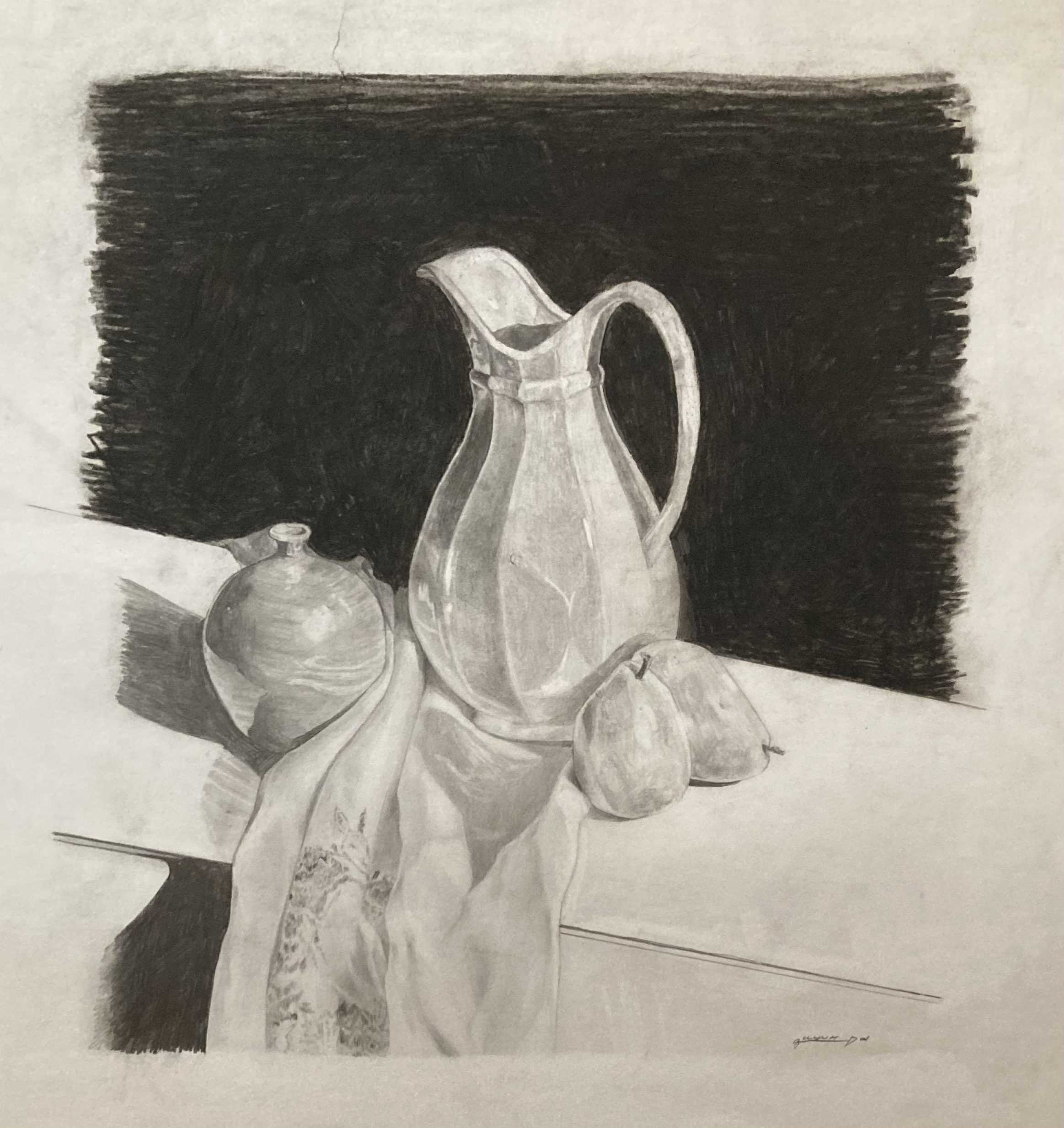 Still Life of a pitcher, pear and fabric